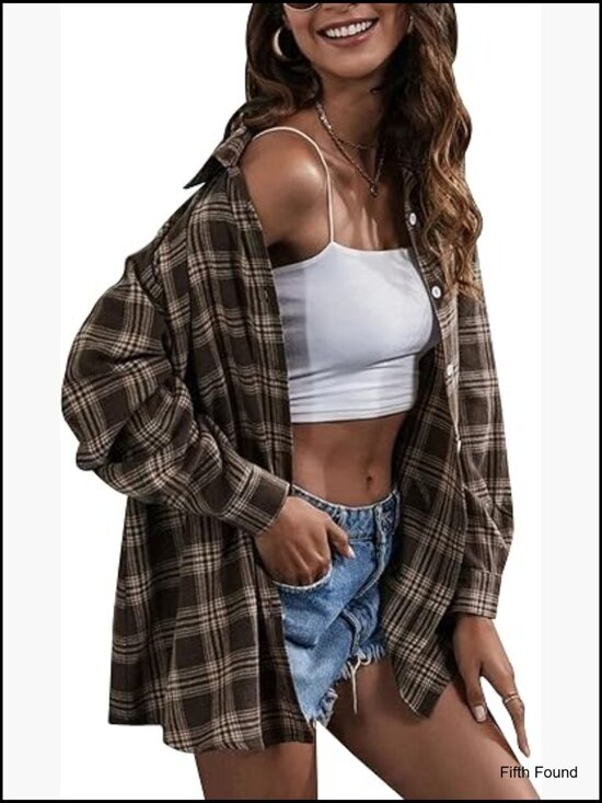 Tops - Oversized Flannel Plaid Button Down Shirt Blouse Top Long Sleeve